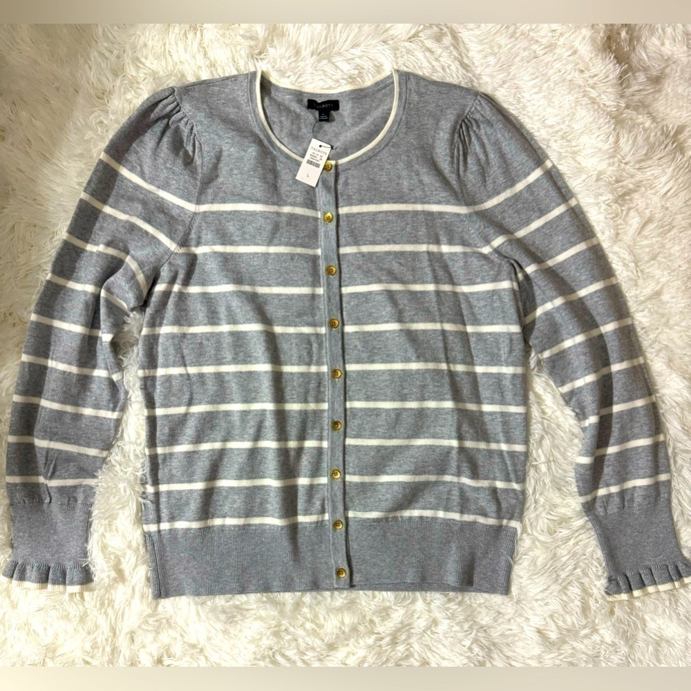 Talbots NWT Gray White Striped Ruffle Long Sleeve Cardigan Gold Buttons Size L